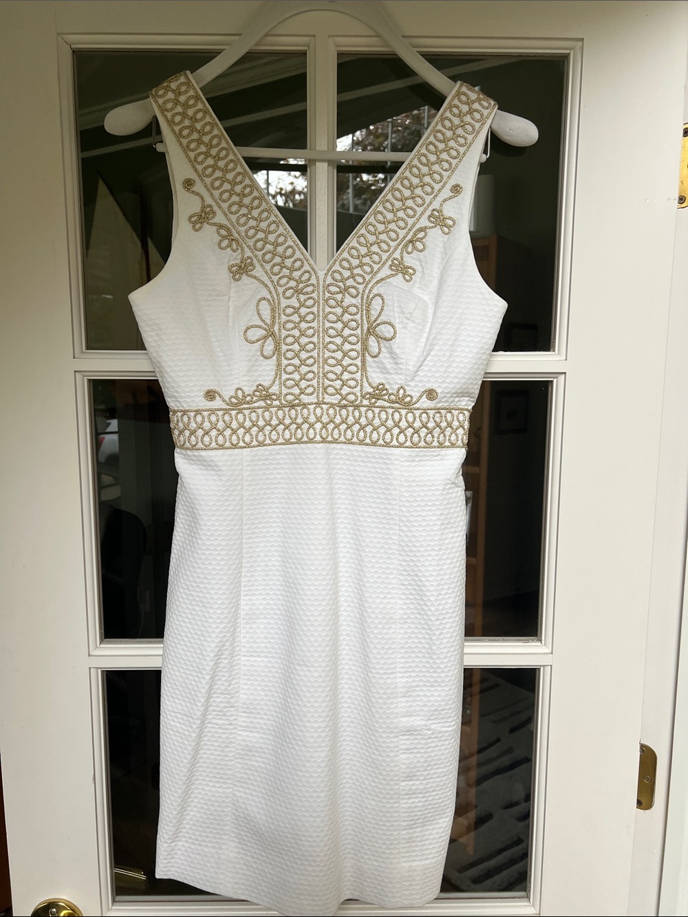 Lilly Pulitzer White Embroidered V-Neck Dress with Gold Trim
